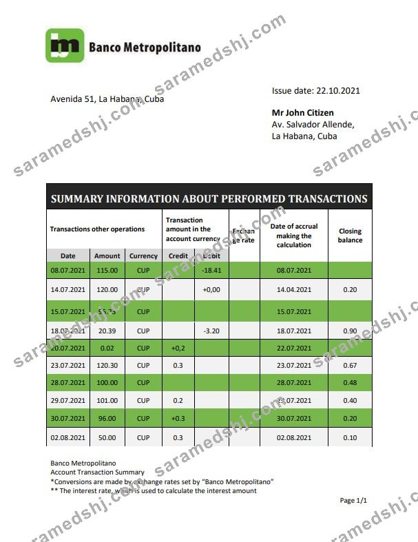 Cuba Banco Metropolitano bank proof of address statement template in Word and PDF format